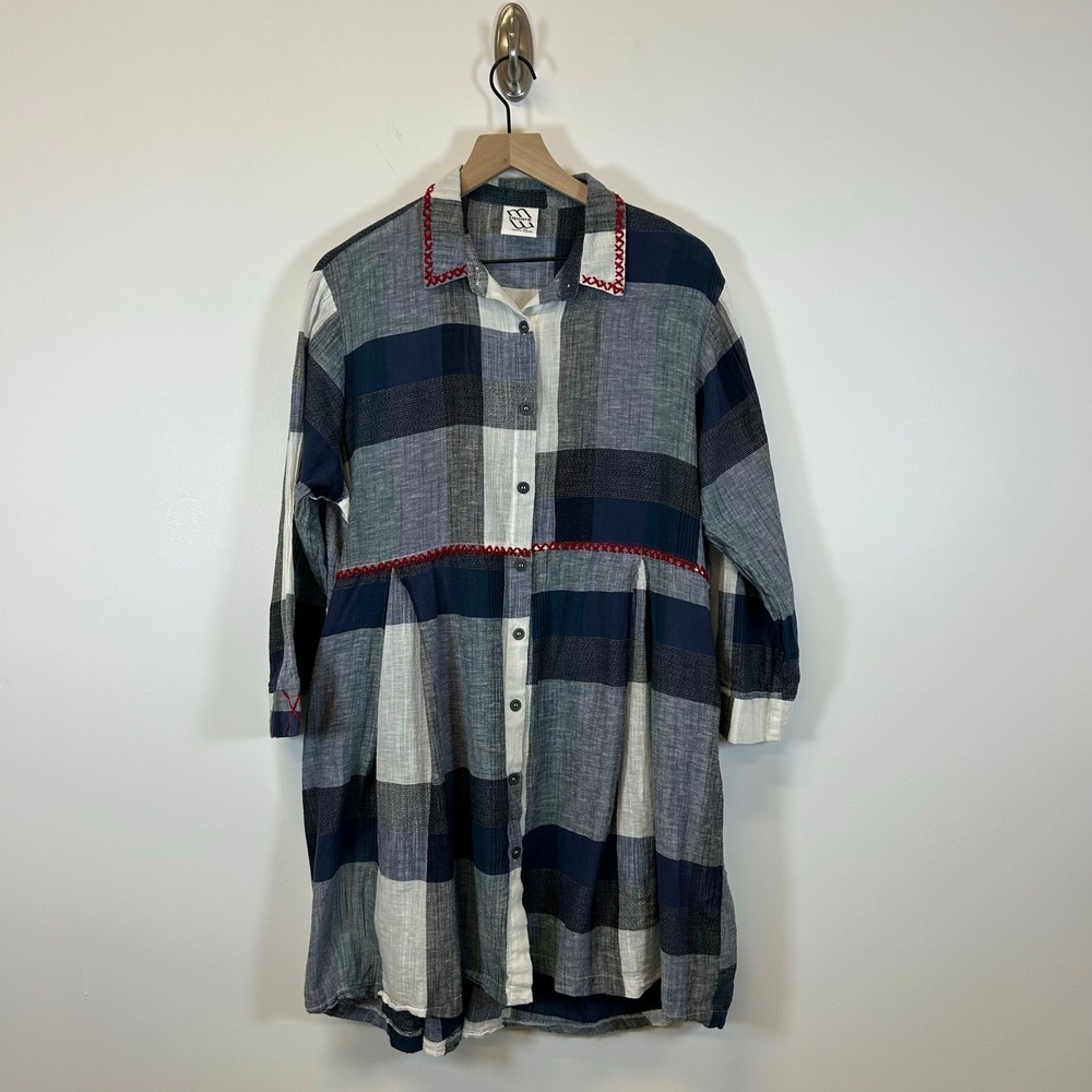 square by Neetu Malik Plaid Navy & White  Lagenlook button down Tunic top Size L